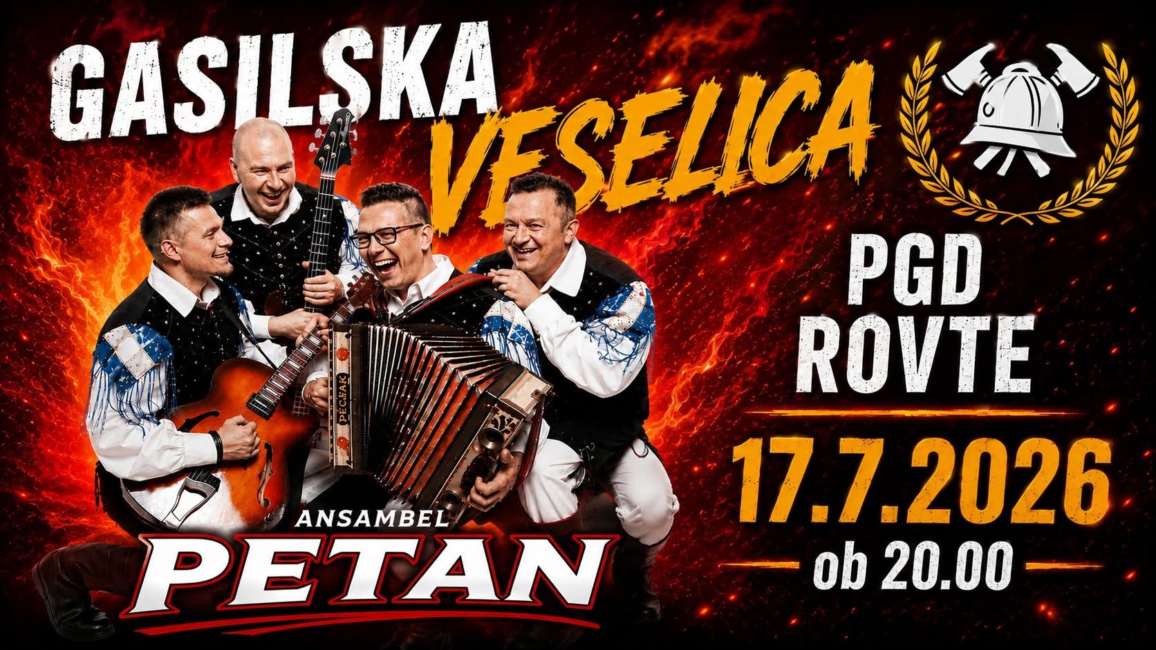 Gasilska veselica PGD Rovte 2026 z ansamblom PETAN