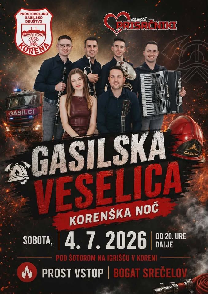 Gasilska veselica “Korenška Noč 2026” z ansamblom Prisrčniki